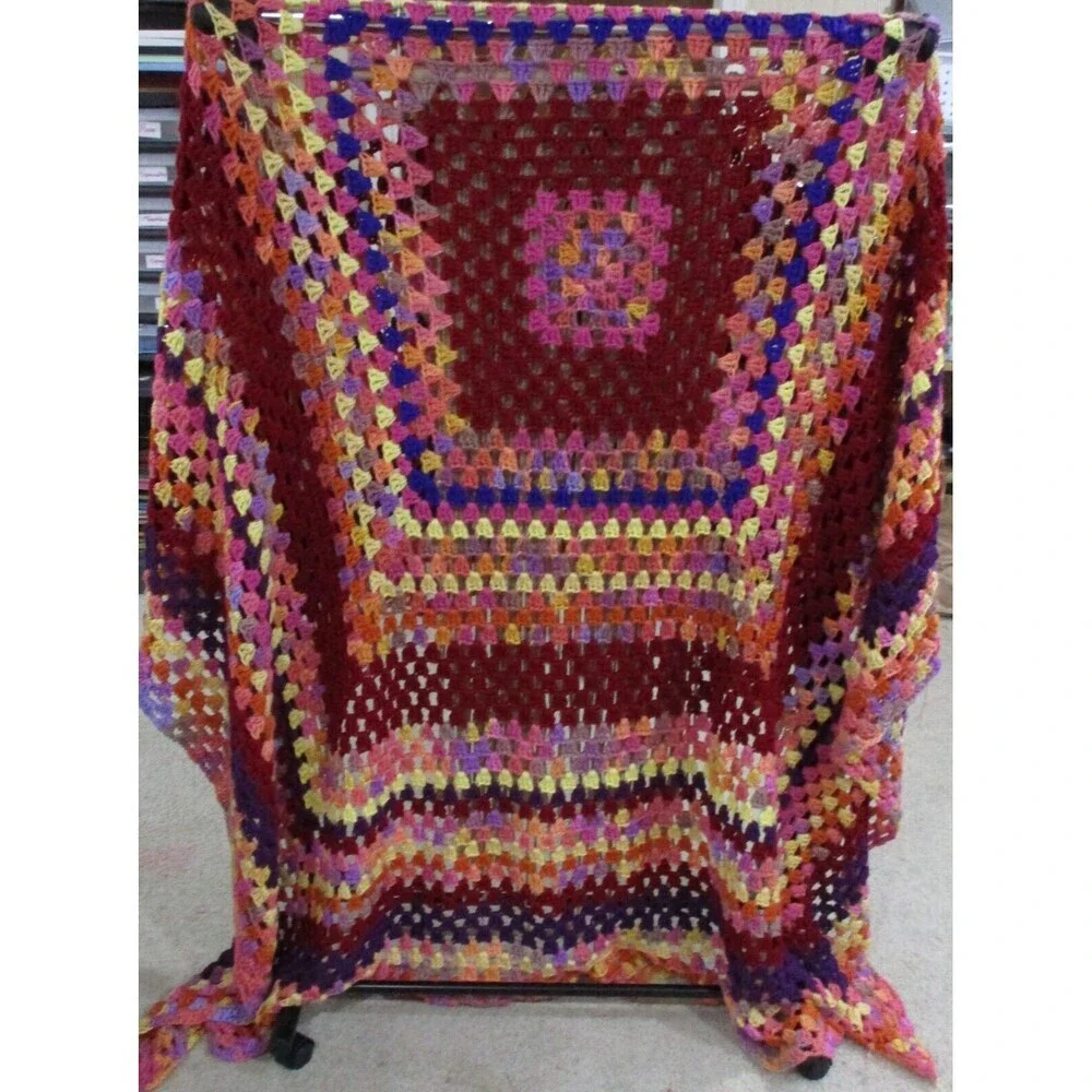 Vintage Hand Crochet Granny Rainbow Squares Afghan‎ Throw Blanket 58